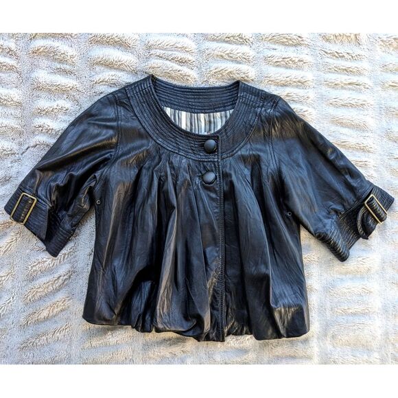 Vtg Y2K MIKE & CHRIS Leather Balloon Hem Buckle Cuff Crop Jacket, Sz. XS/S - Picture 13 of 13